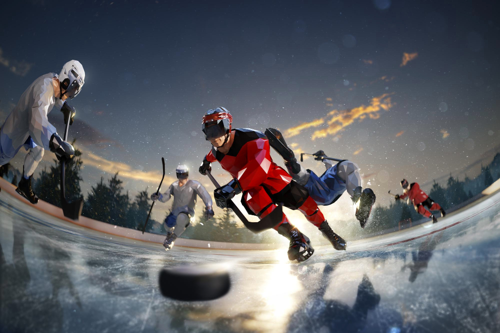 hockey player play ice rink arena around forest mountains 3d render polygon style illustration