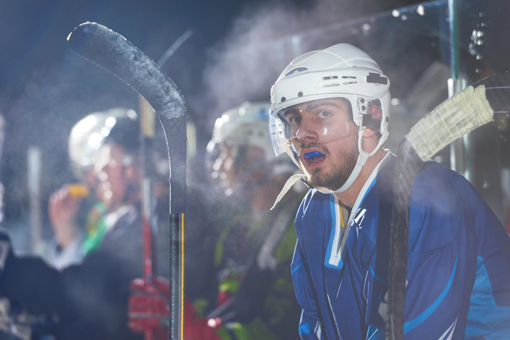ice hockey players group people team friends waiting relaxing bench start game